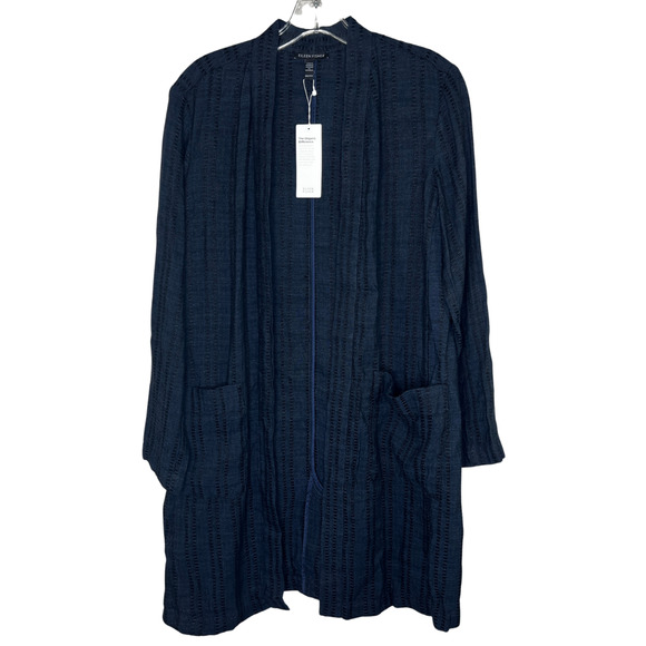 Eileen Fisher Long Jacket Sz XXS Blue Textured Organic Linen Stripe Quite Luxury - Picture 1 of 6
